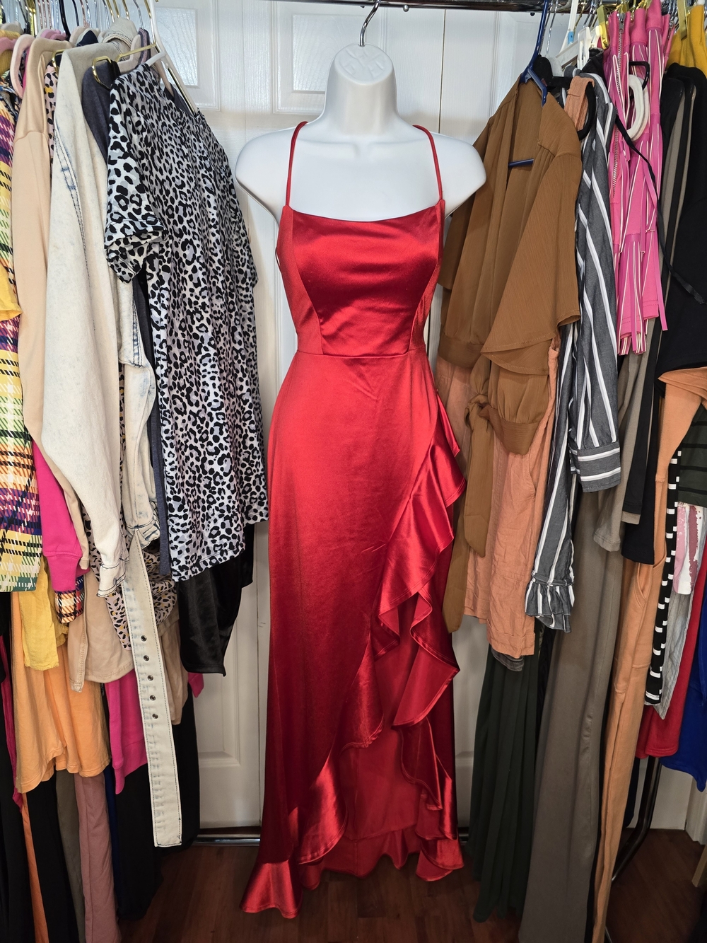 Crystal Doll Red Satin Ruffle Maxi Dress